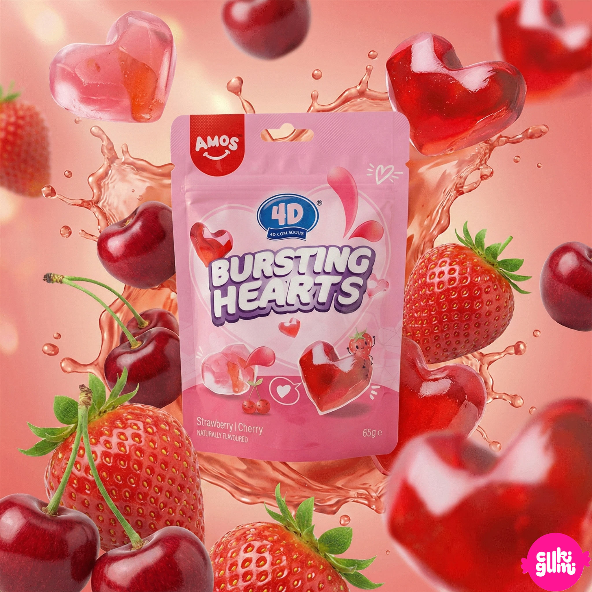 Amos 4D Bursting Hearts 65 g – Gyümölcsös, zselés cukorka