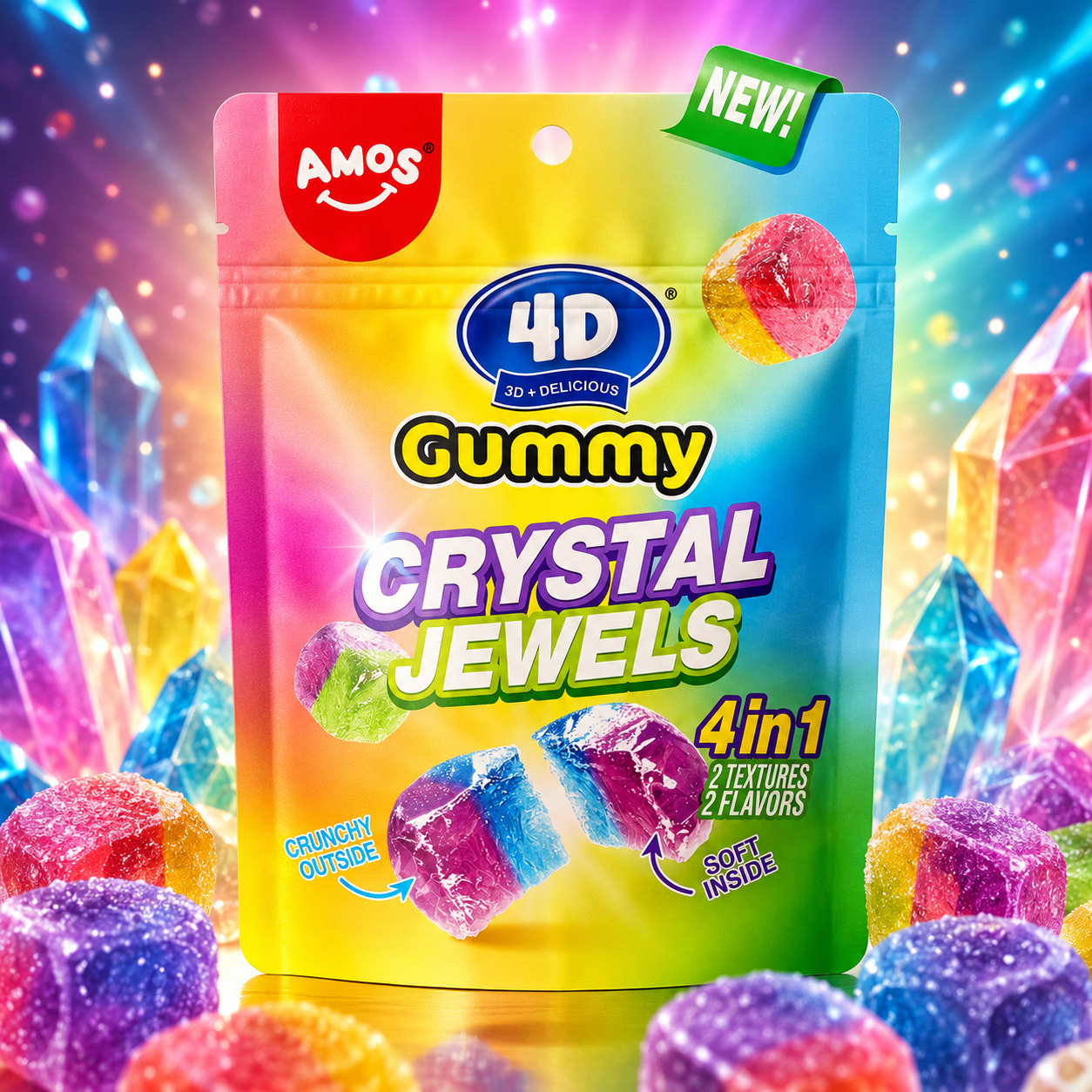 AMOS 4D roppanós kristály gumicukor 100 g – Amos 4D Crystal Candy Jewels Gummy 4-in-1