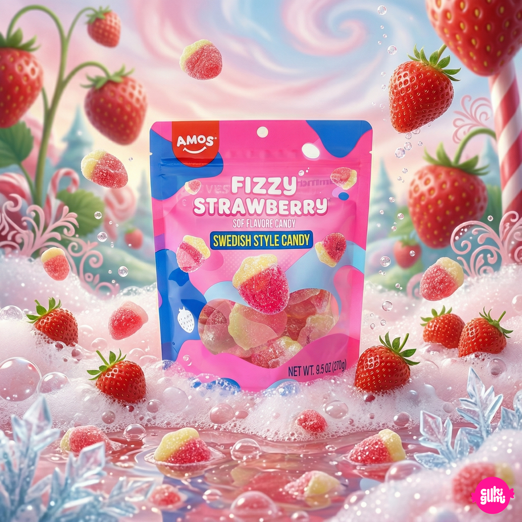 Amos Swedish Style Candy Fizzy Strawberry 270 g – Sour Strawberry Gummy Candy