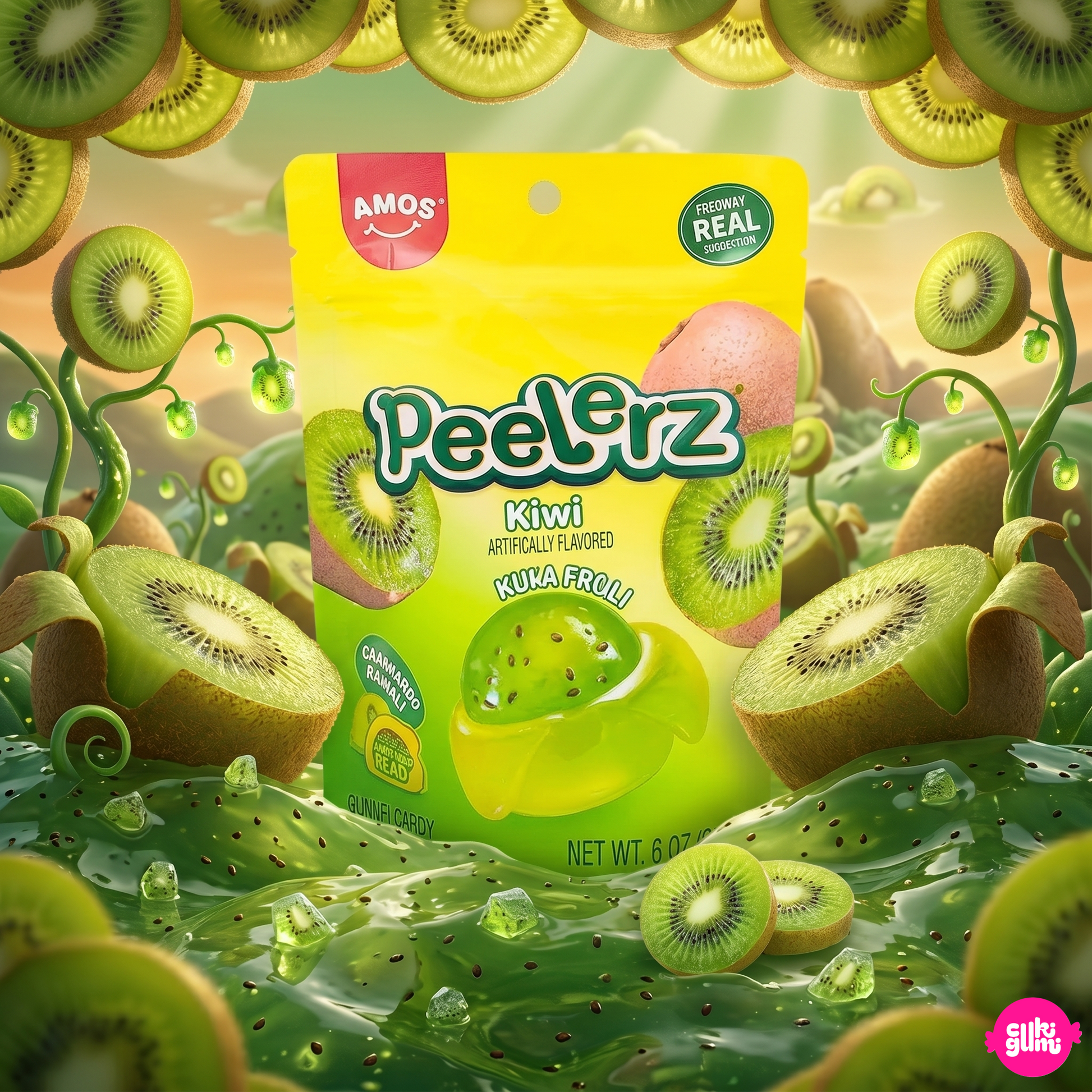 Amos Peelerz Gummy Kiwi 170 g – Hámozható Kiwis Gumicukor Chia Maggal