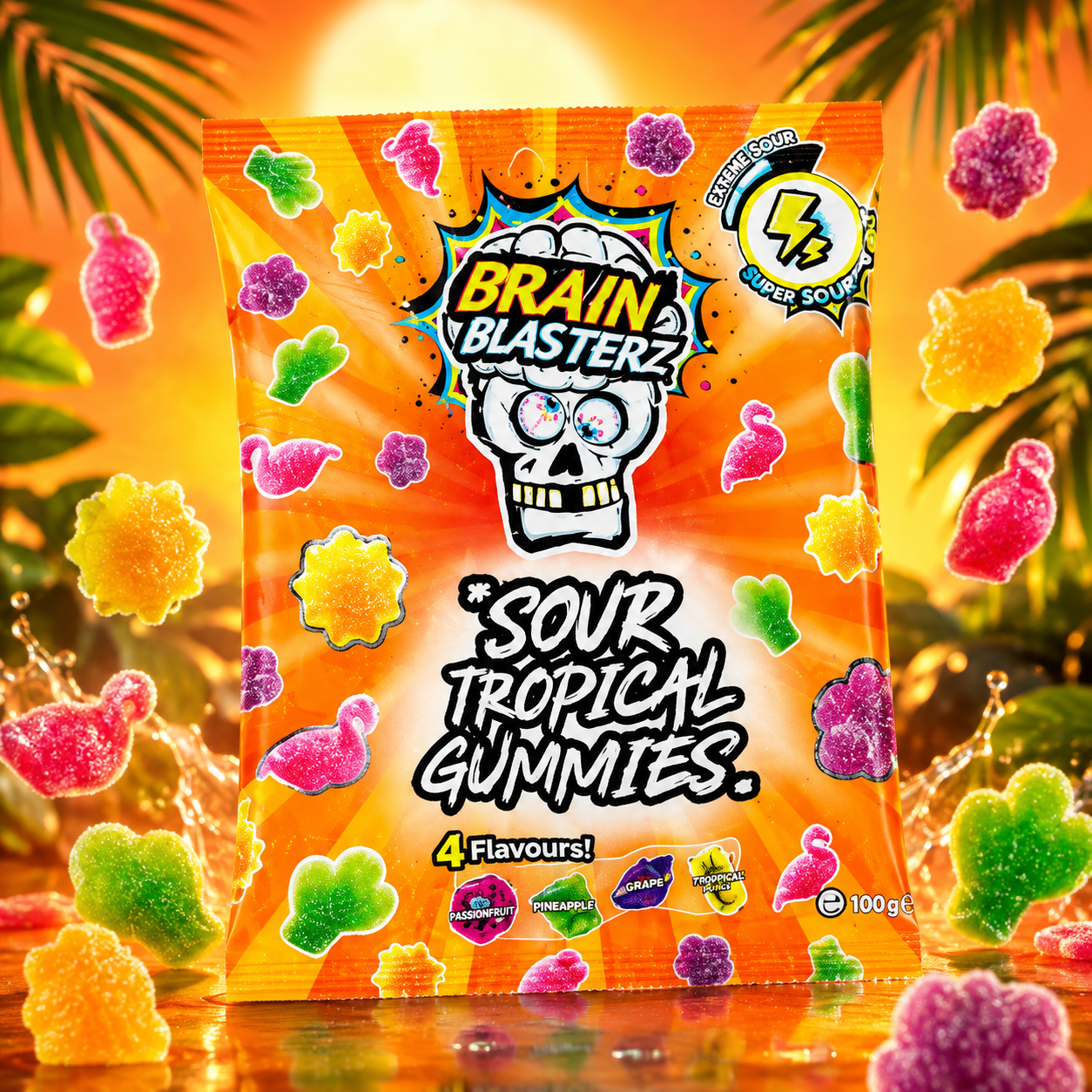 Brain Blasterz savanyú trópusi gumicukor 100 g – Brain Blasterz Sour Tropical Gummies