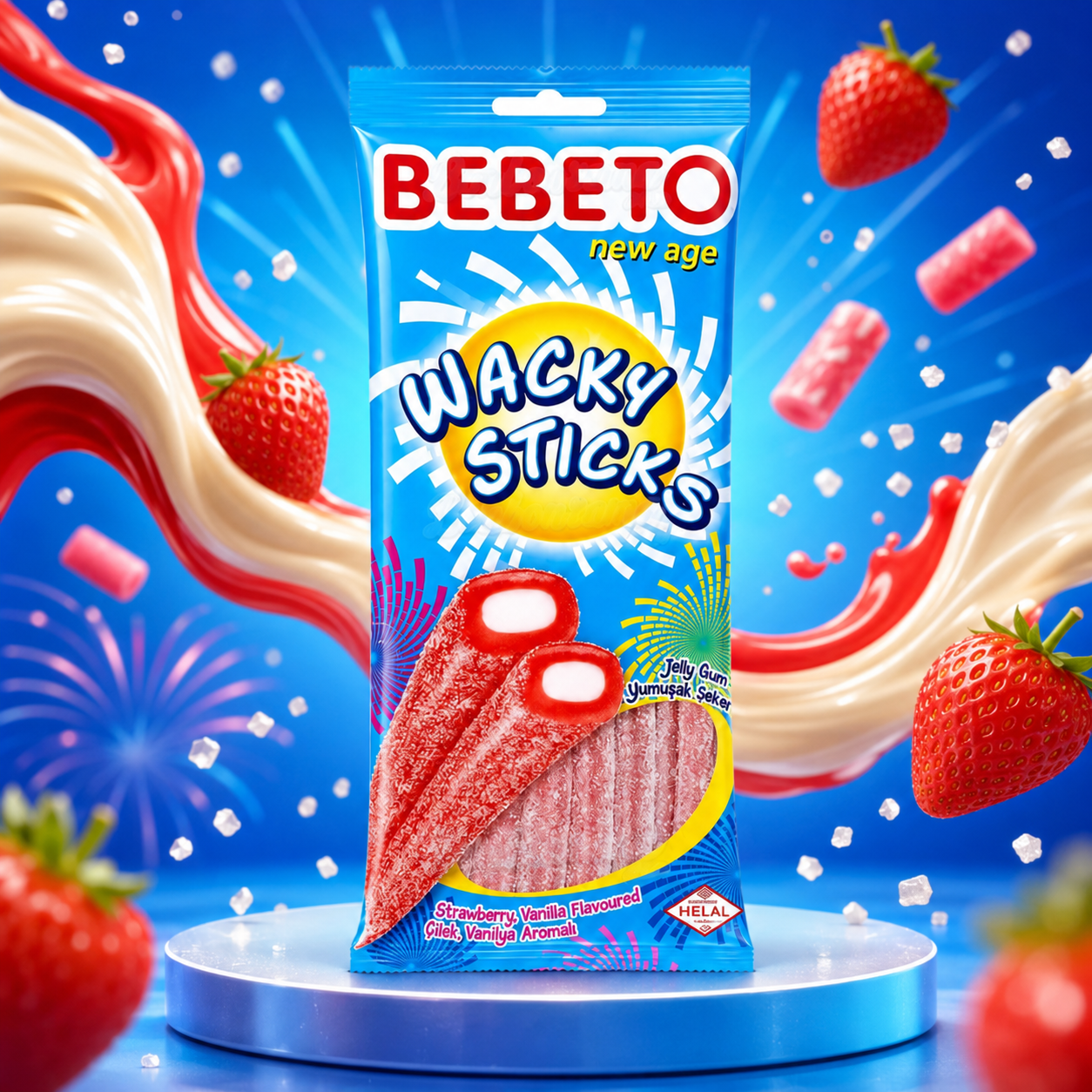 Bebeto Wacky Sticks Strawberry  75 g – Savanyú Eper-Vanilía ízű Töltött Gumicukorrudak