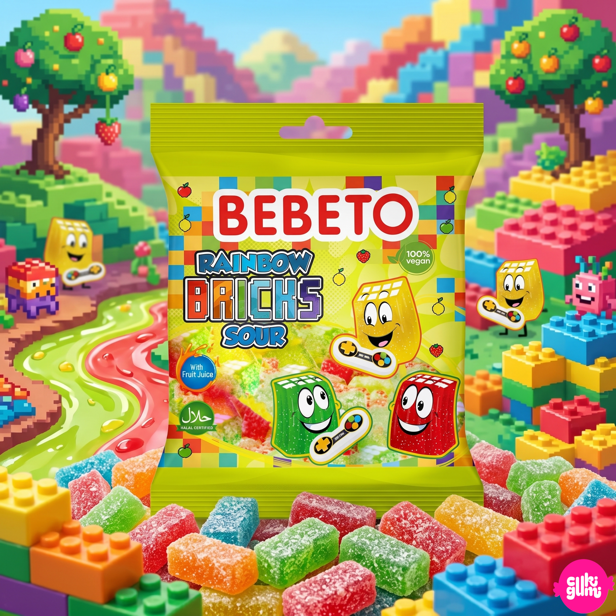 Bebeto Rainbow Bricks Sour 80 g – Savanyú Szivárvány Téglás Gumicukor