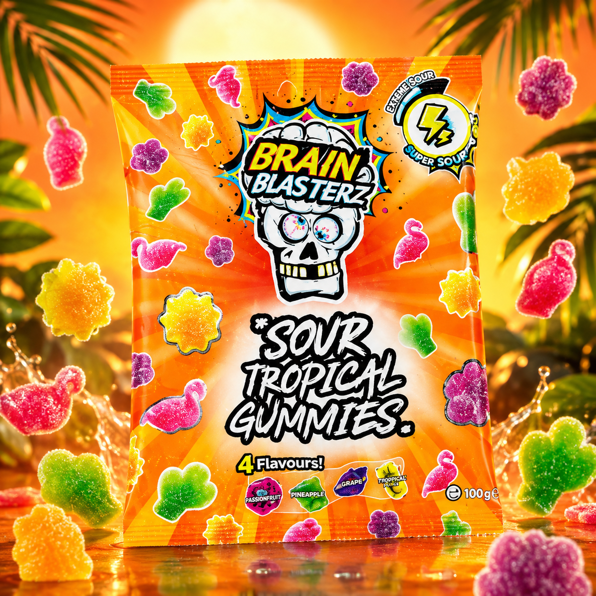 Brain Blasterz savanyú trópusi gumicukor 100 g – Brain Blasterz Sour Tropical Gummies