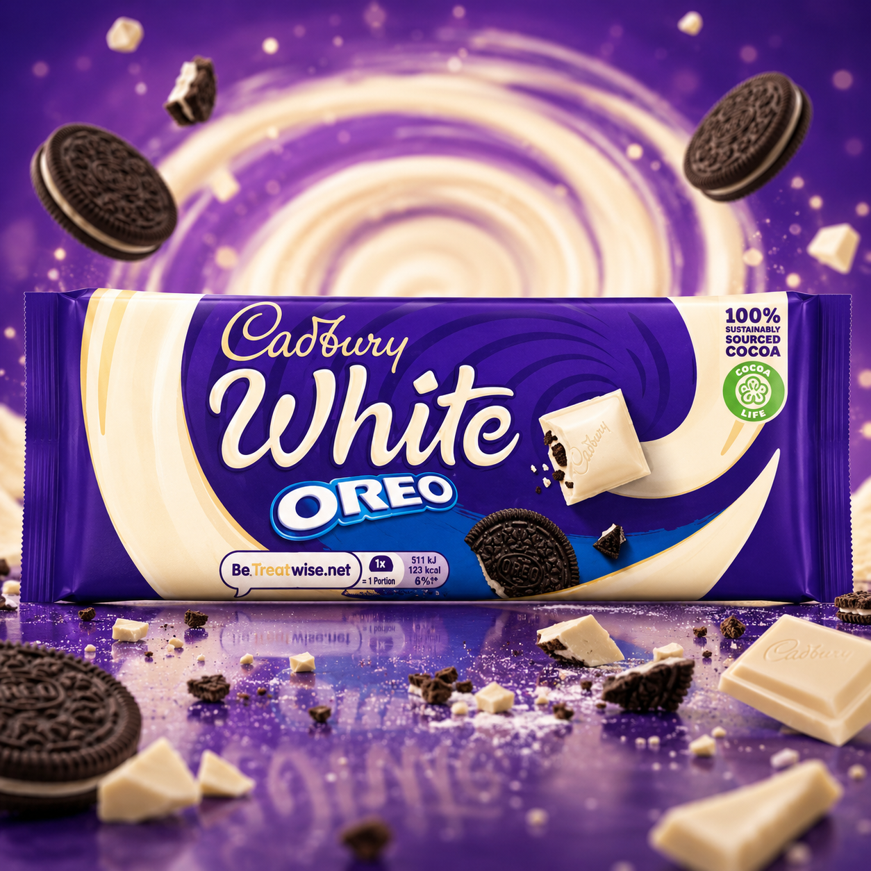 Cadbury Oreo White 120g – Fehér Csokoládé Oreo Kekszdarabokkal és Vaníliás Krémtöltelékkel