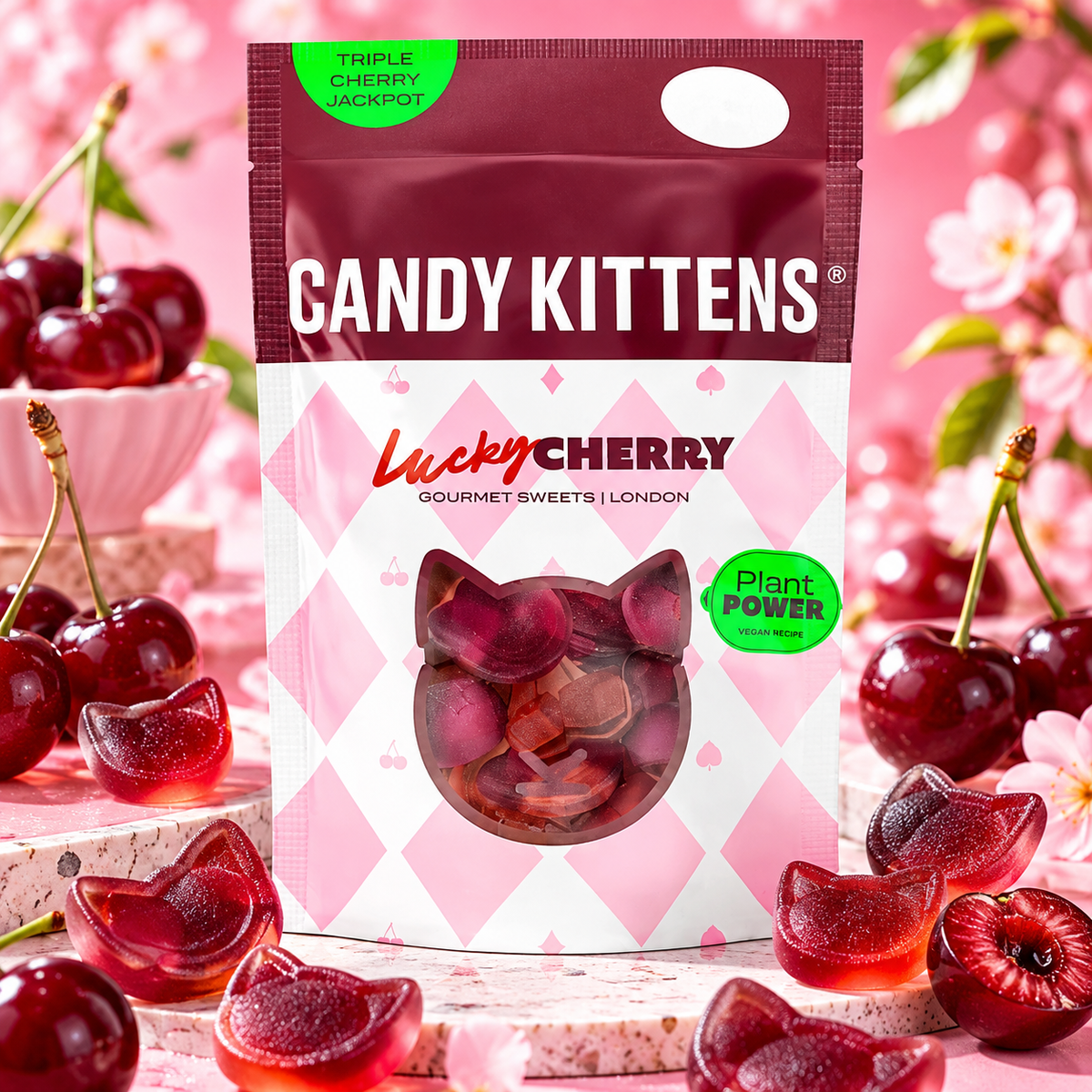Candy Kittens Lucky Cherry – Vegán cseresznyés gumicukor és habcukor mix 140 g