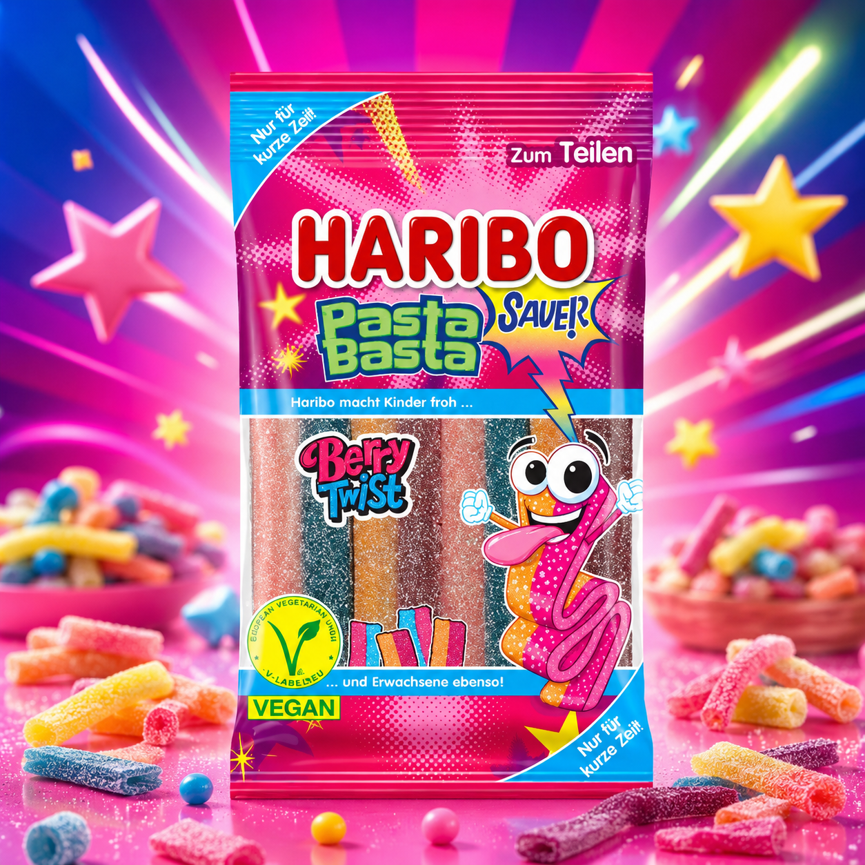 Haribo Pasta Basta Berry Twist Sauer Vegan 160g – Savanyú Bogyós Gyümölcsízű Vegán Gumicukor Szalagok