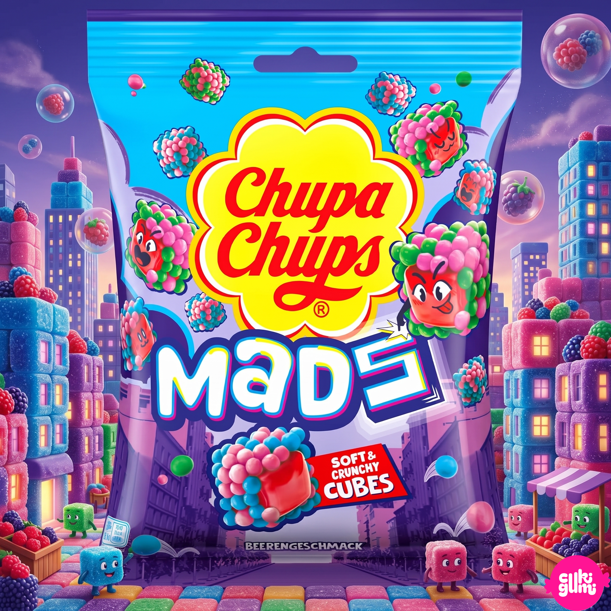 Chupa Chups Mads Berries 115 g – Ropogós-Bogyós Töltött Gumicukor Kockák
