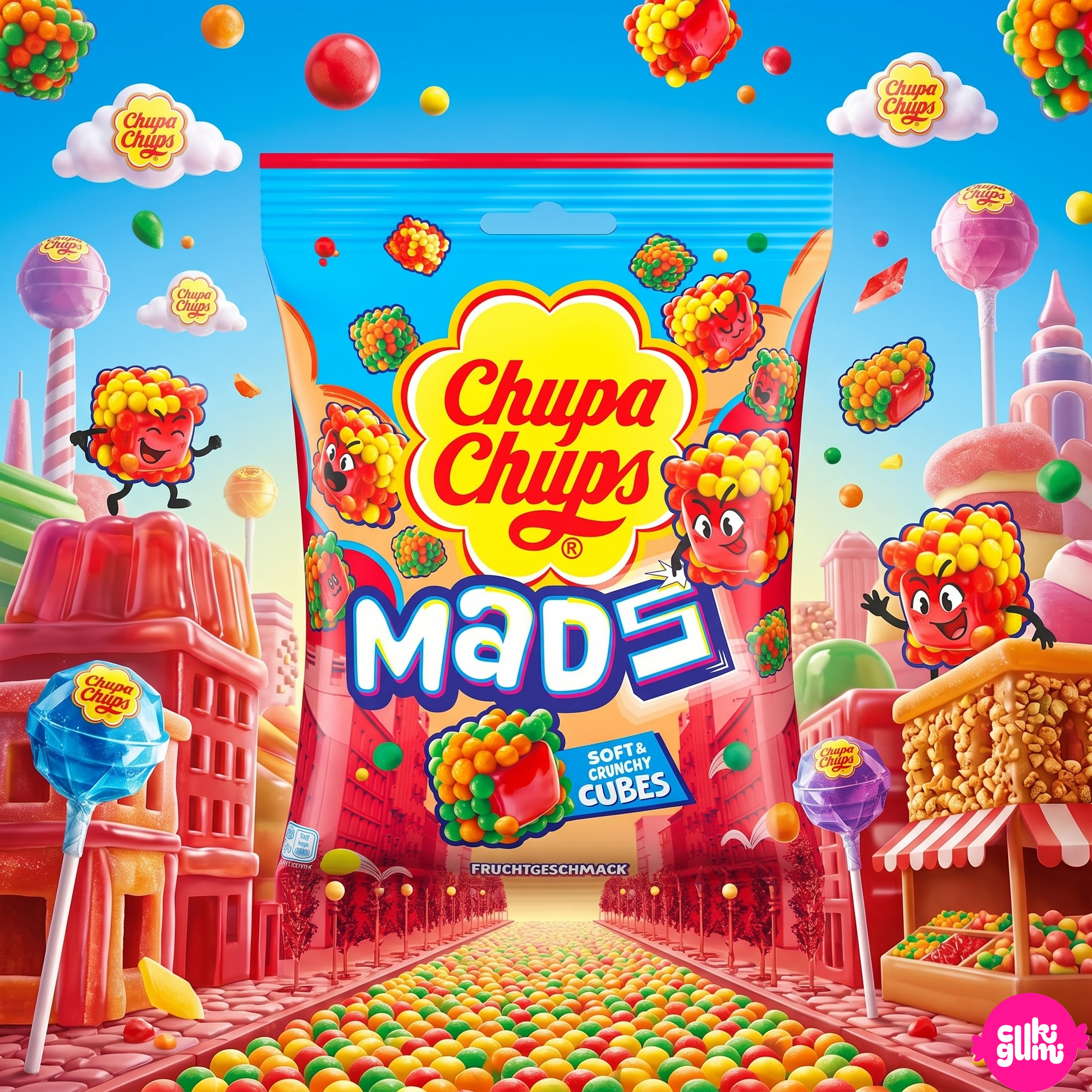 Chupa Chups Mads Fruits 115 g – Ropogós-Gyümölcsös Töltött Gumicukor Kockák