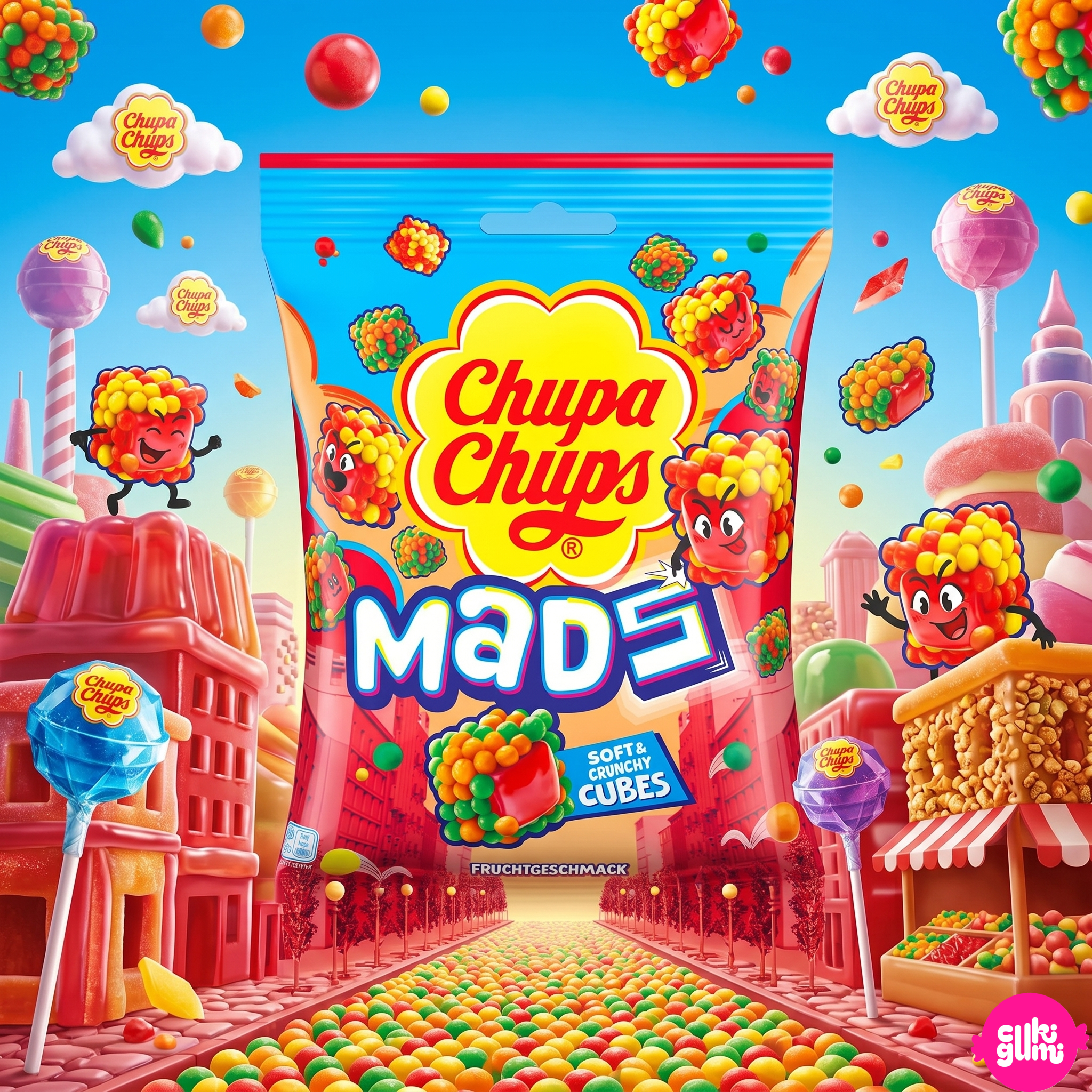 Chupa Chups Mads Fruits 115 g – Ropogós-Gyümölcsös Töltött Gumicukor Kockák