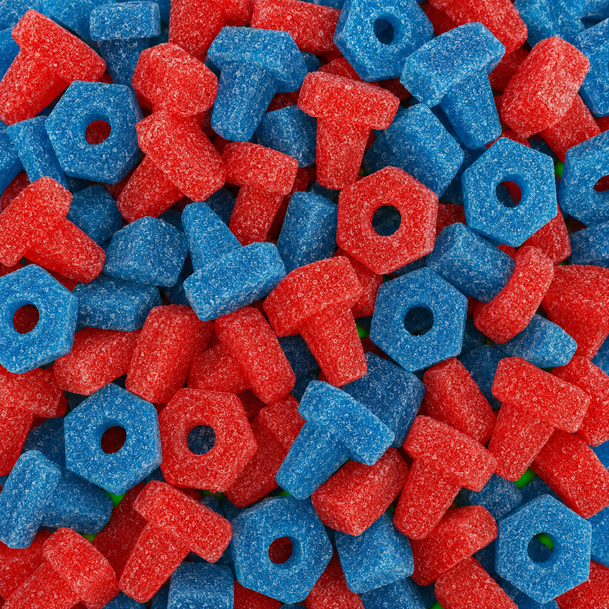 Fini Super Sour Nuts & Bolts 100 g – Extra Savanyú Eper- és Málnaízű Csavar és Anya Formájú Gumicukor