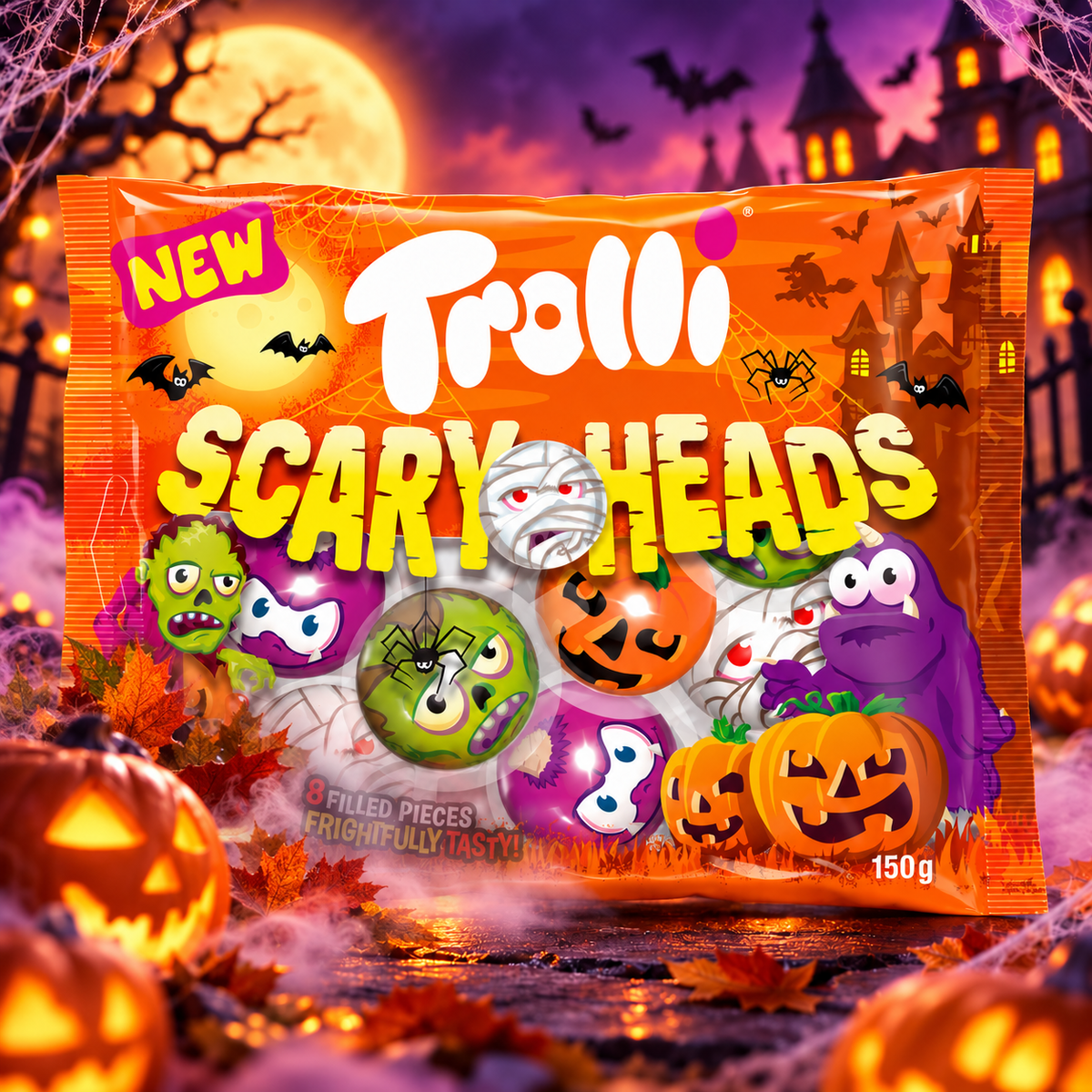 Trolli Scary Heads – Töltött 3D Halloween gumicukor 150 g