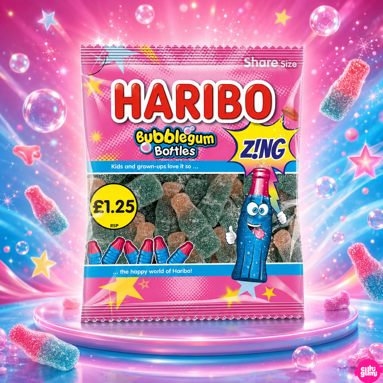 Haribo Bubblegum Bottles Z!ng 140 g – Savanyú Rágógumi Ízű Gumicukor