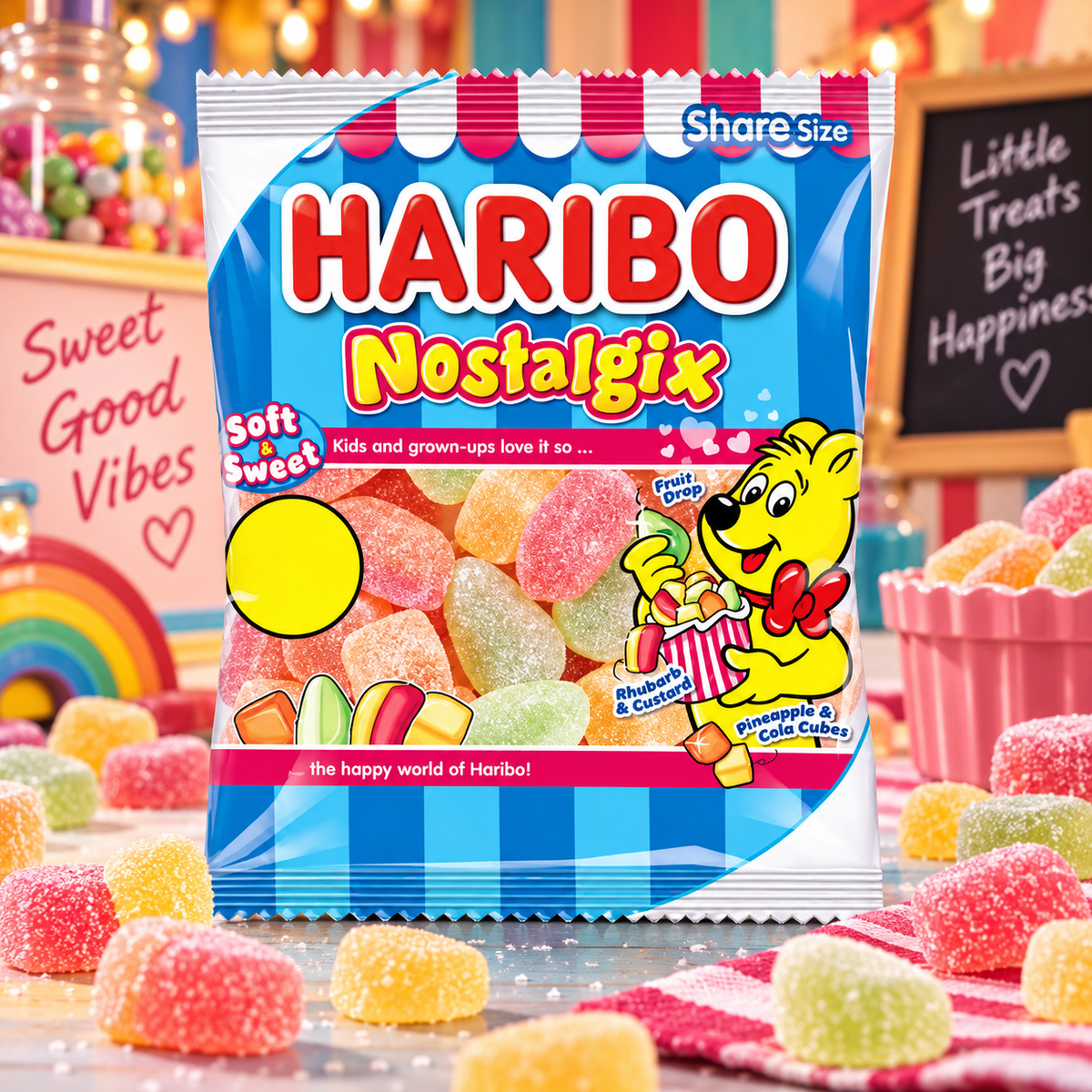 Haribo Nostalgix 140 g - Retro gyümölcs- és kólaízű cukrozott gumicukor válogatás 140 g