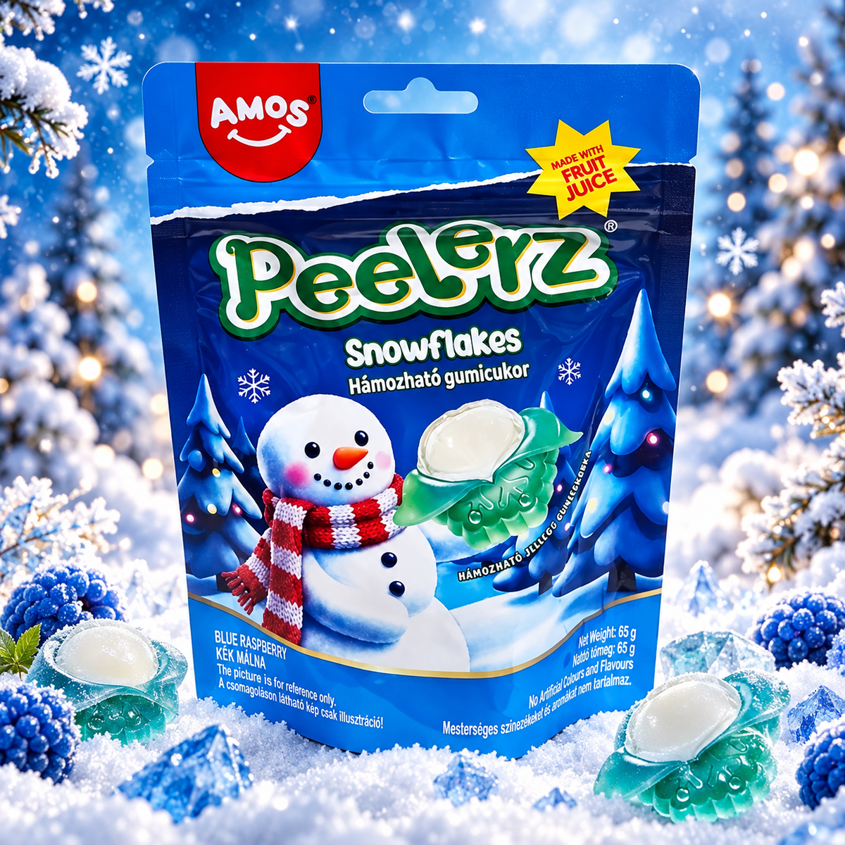 AMOS Peelerz Snowflakes – Hámozható kék málna ízű hópehely gumicukor 65 g