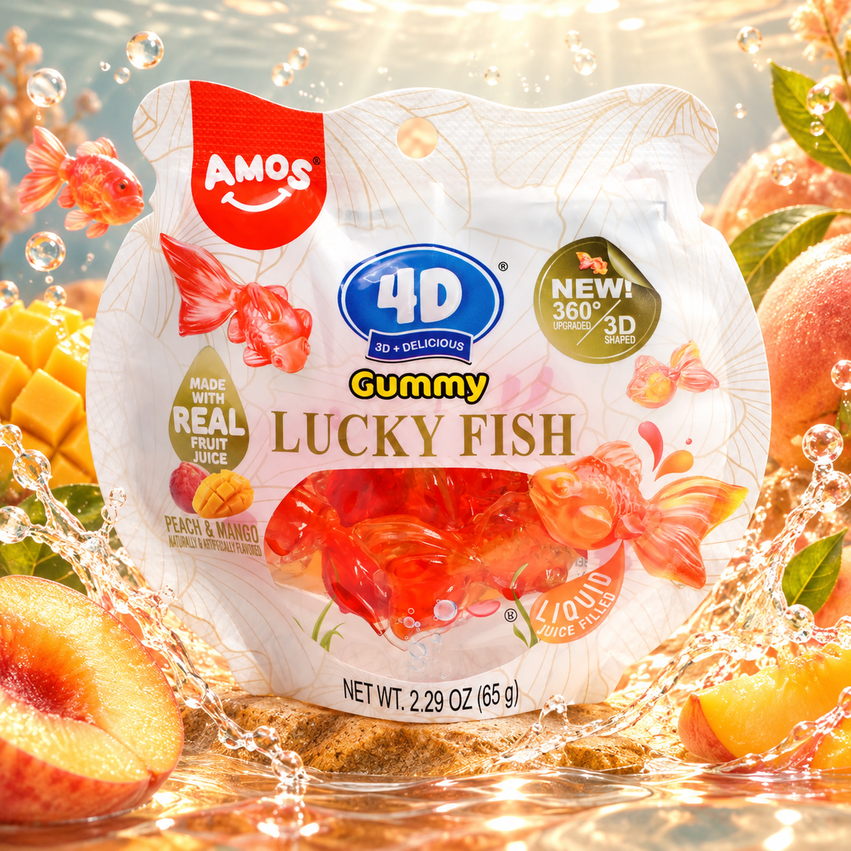 AMOS 4D Lucky Fish – Mangó- és őszibarackízű 4D gumicukor 65 g