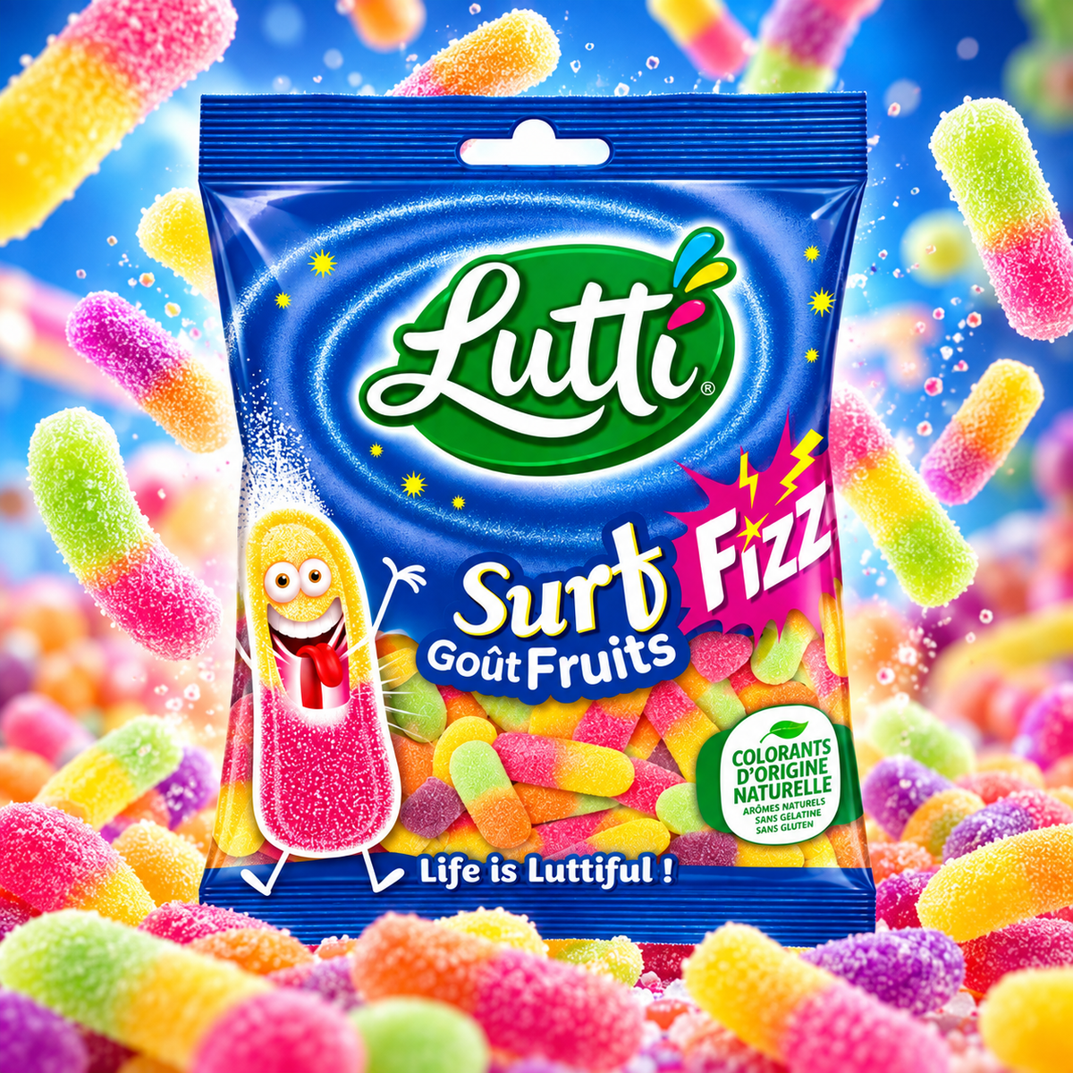 Lutti Surfizz – Extra savanyú gyümölcsízű gumicukor nyelvek 100 g