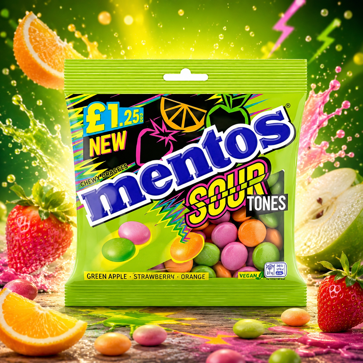Mentos Sour Tones 120 g – Savanyú Eper-, Narancs- és Almaízű Rágódrazsé