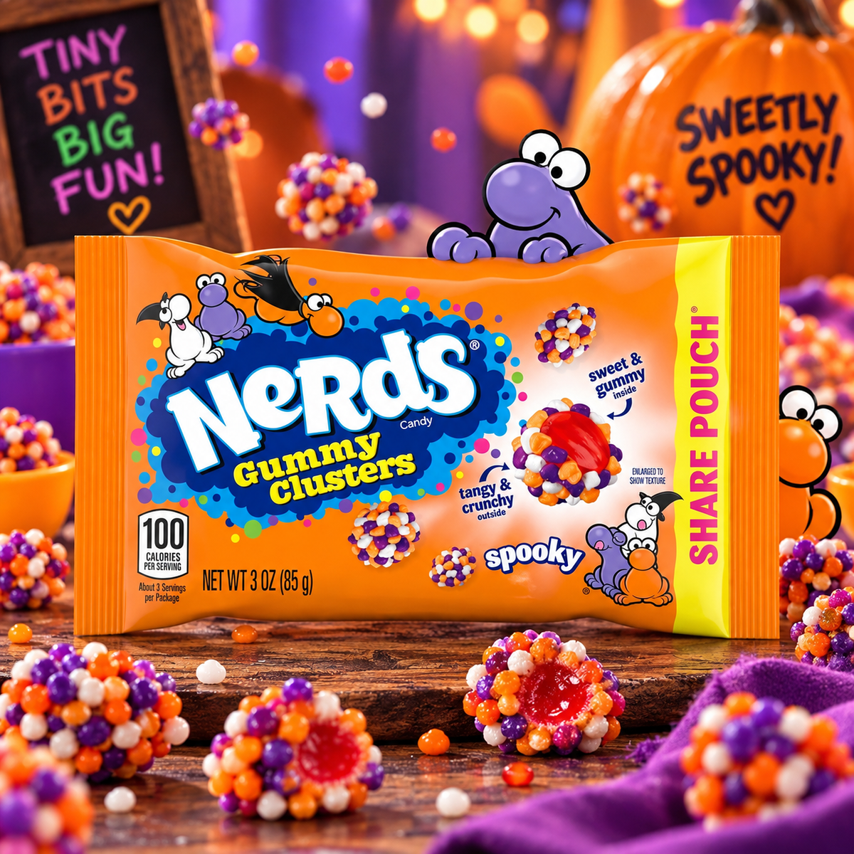 Nerds Gummy Clusters Spooky 85 g - Halloween gyümölcsízű gumicukor ropogós Nerds bevonattal 85 g