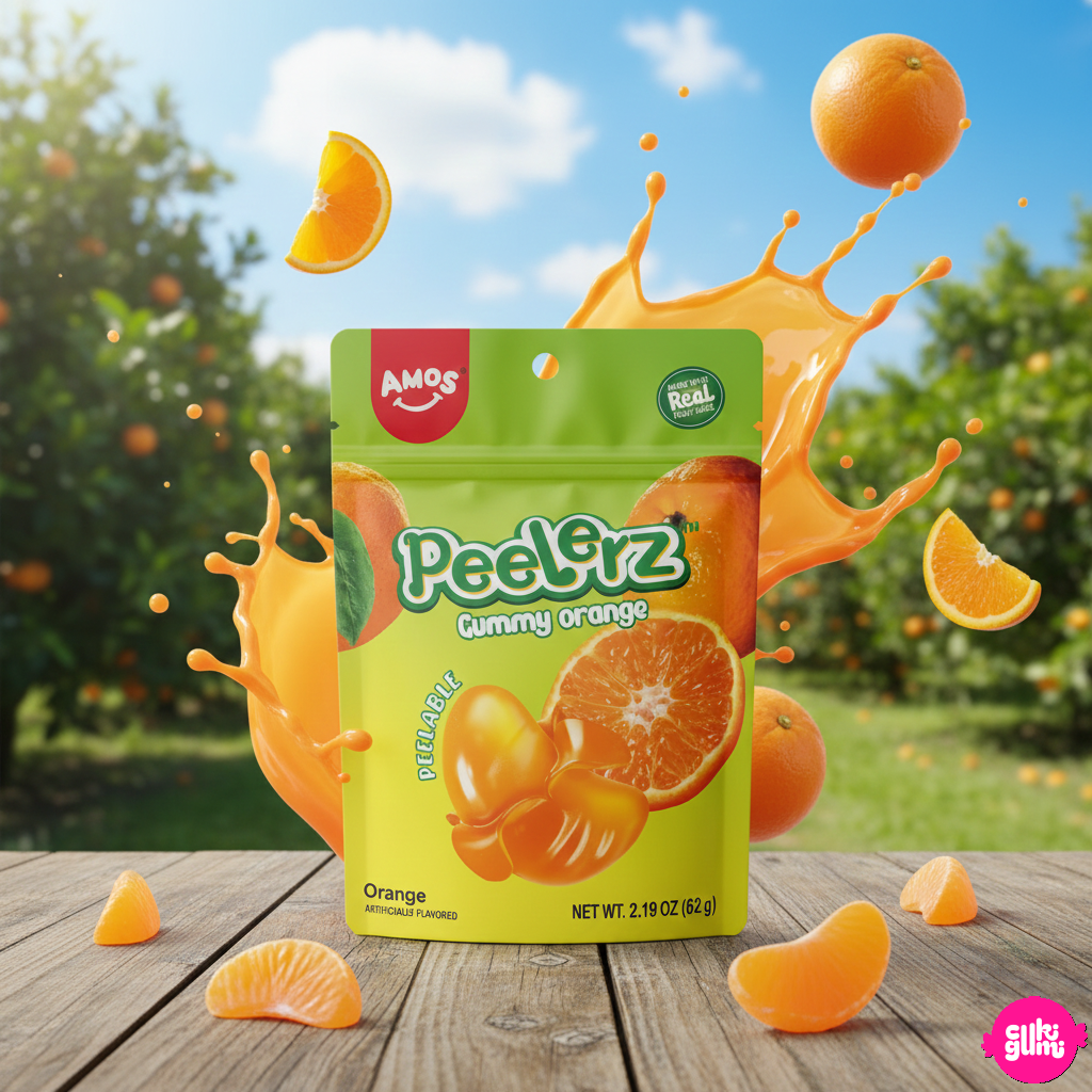 Amos Peelerz Orange – Narancs ízű hámozható gumicukor (85g)