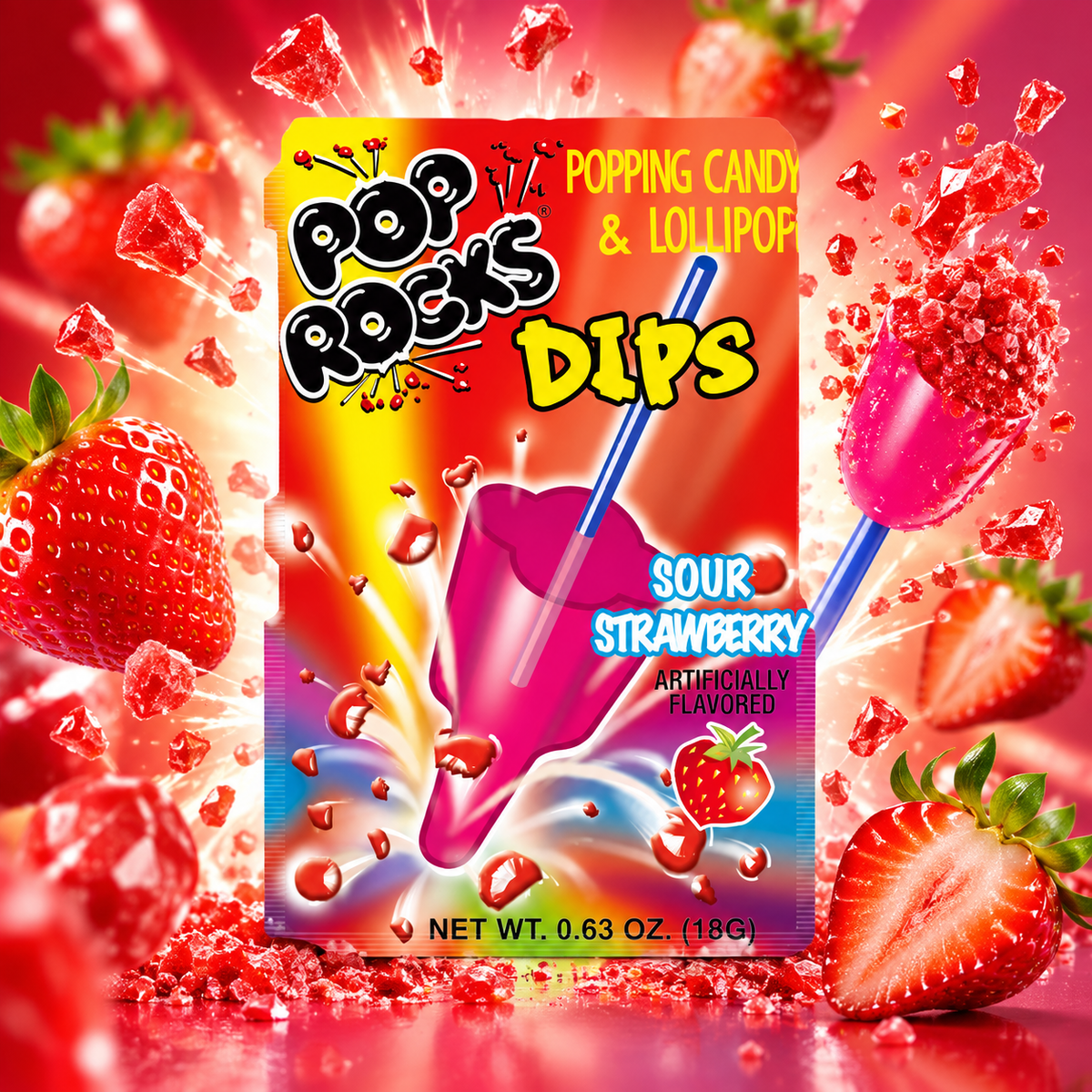 Pop Rocks Dips Sour Strawberry – Savanyú eperízű nyalóka pattogó cukorkával 18 g