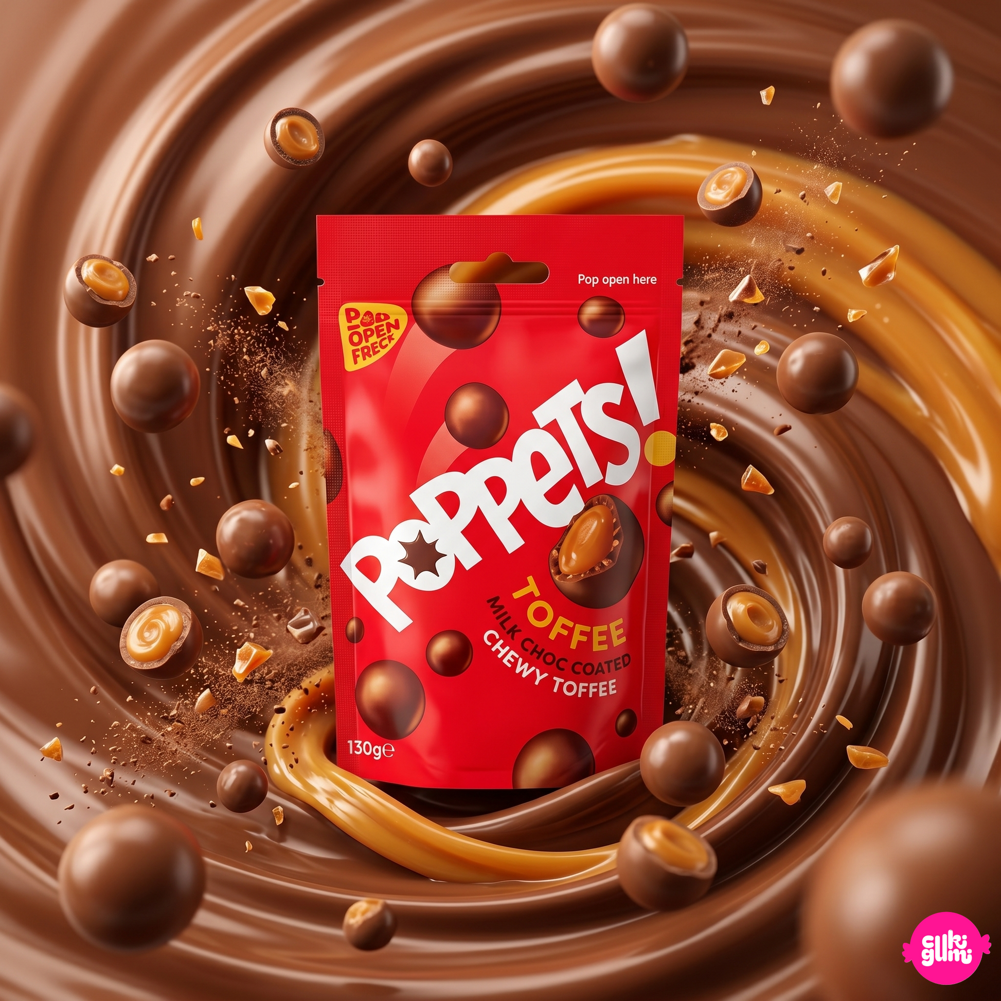 Poppets Milk Choc Coated Chewy Toffee 130 g – Rágós Karamella Tejcsokoládéban