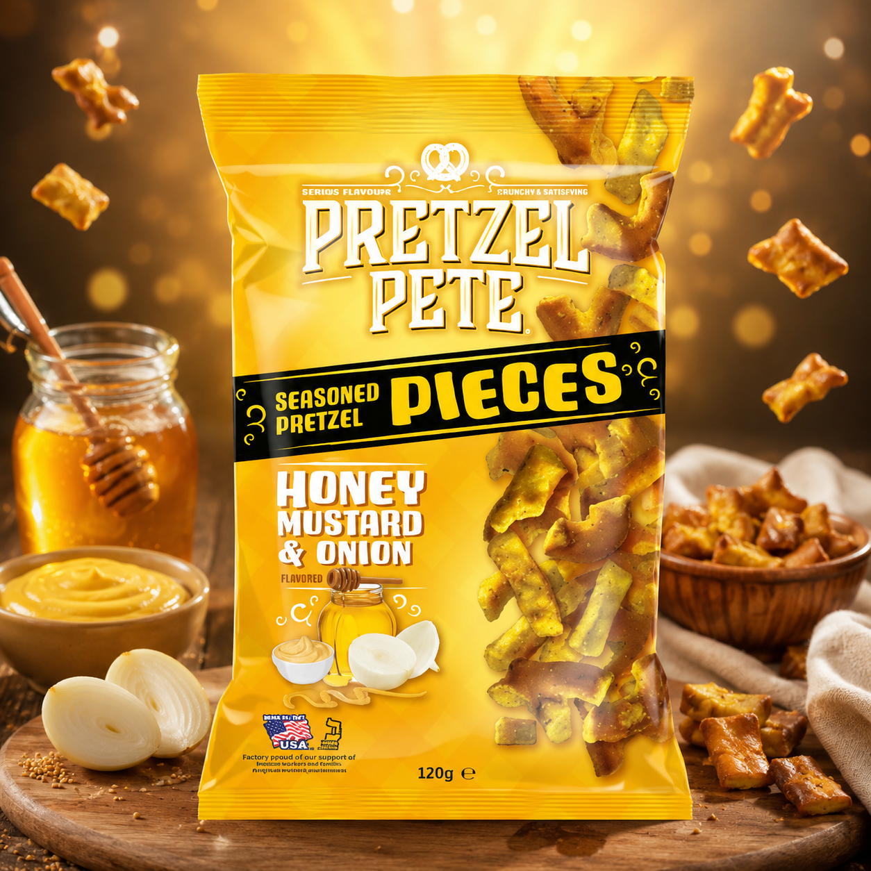 Pretzel Pete Pieces Honey Mustard & Onion 120g – Mézes Mustáros-Hagymás Amerikai Perecdarabok