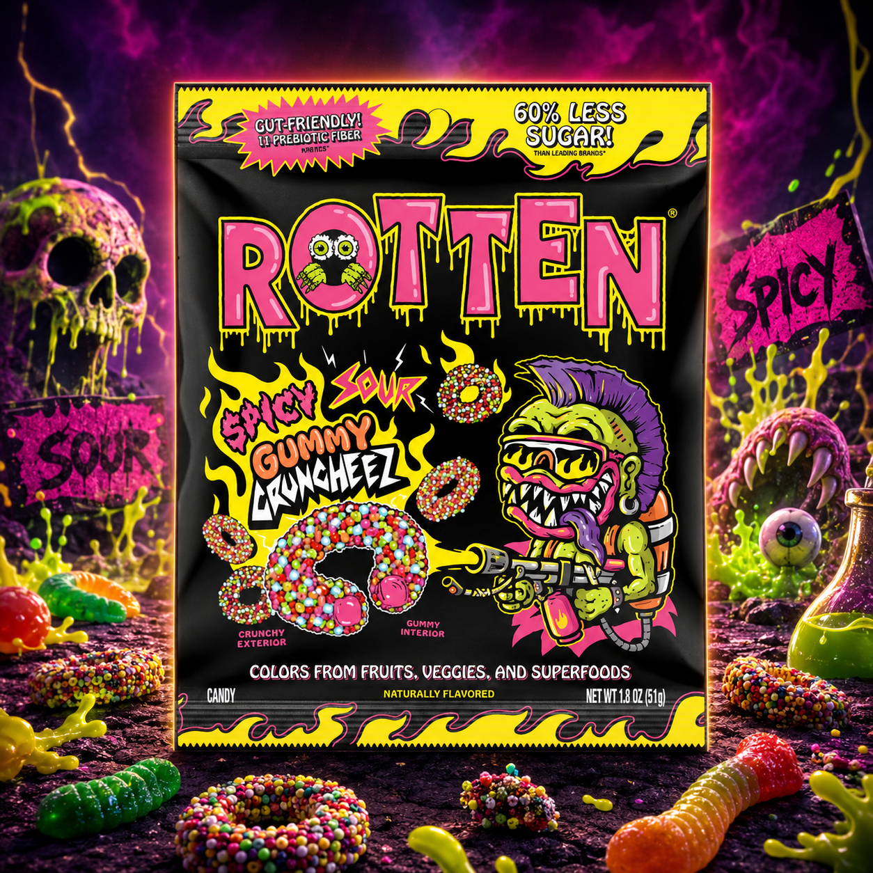 Rotten Spicy Sour Gummy Cruncheez 50g – Csípős-Savanyú Ropogós Gumicukor