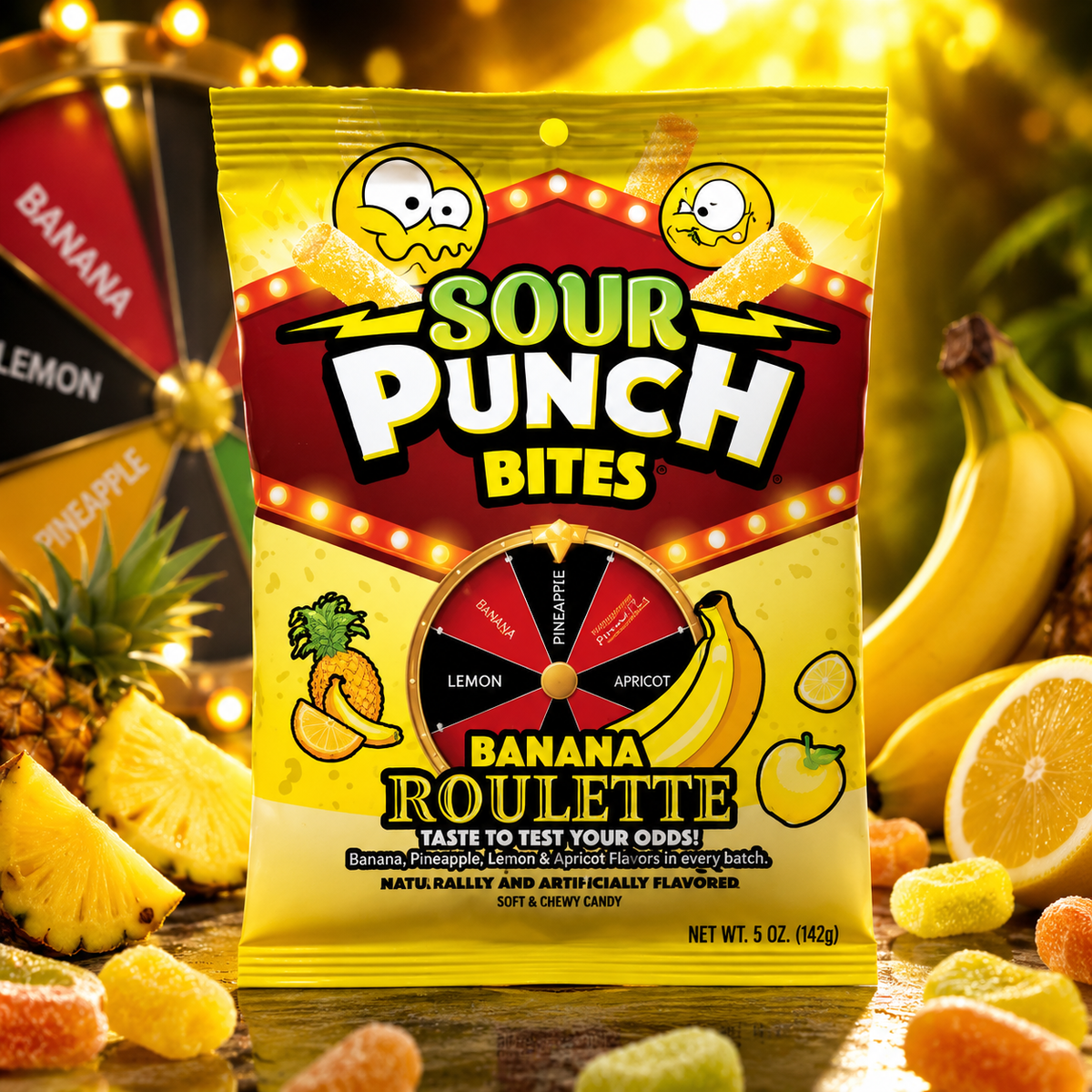 Sour Punch Bites savanyú banános gyümölcsízű rágós cukorka mix 142 g – Banana Roulette