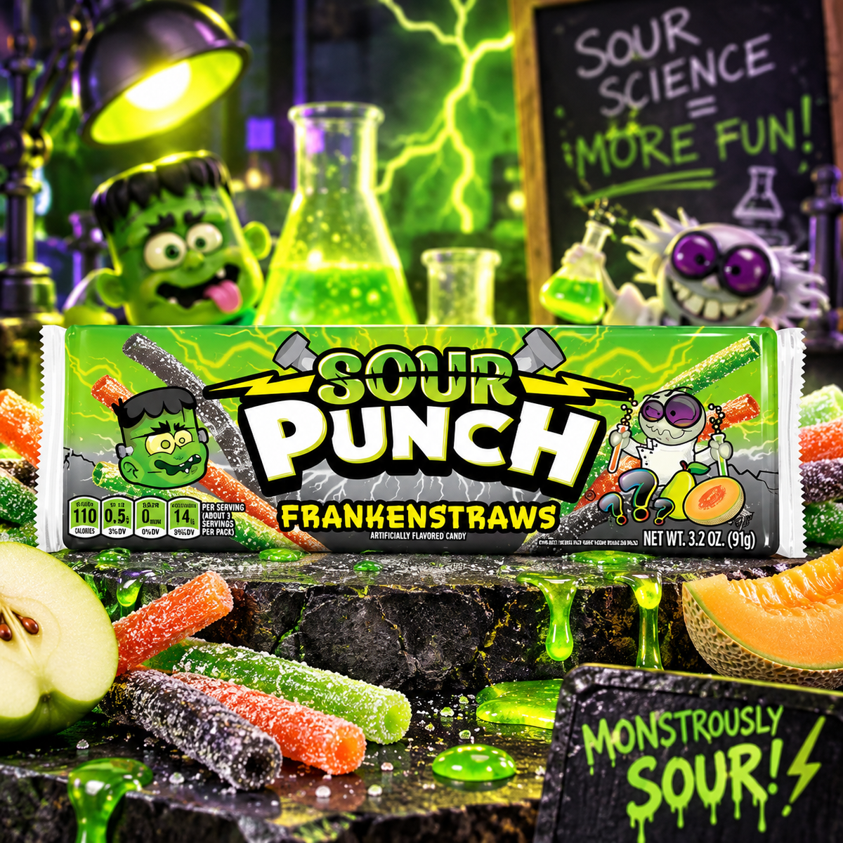 Sour Punch Frankenstraws 91 g - Halloween savanyú gyümölcsízű cukorkaszálak 91 g