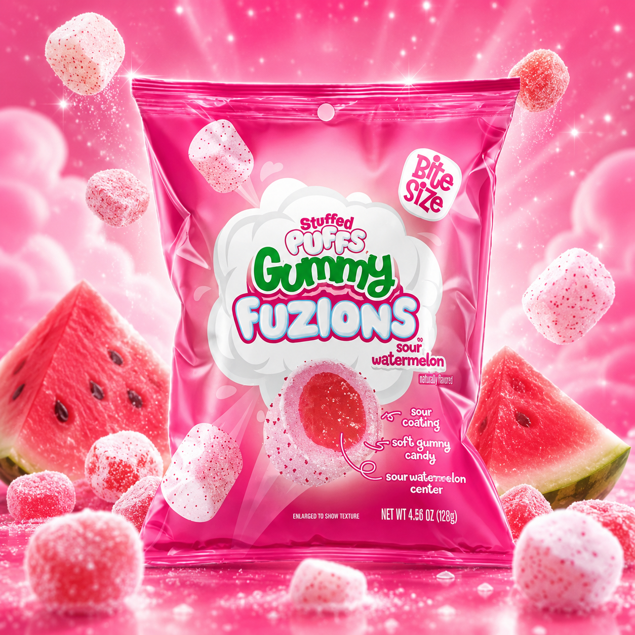 Stuffed Puffs Gummy Fuzions Sour Watermelon 123 g – Savanyú Görögdinnyeés Töltött Gumicukor