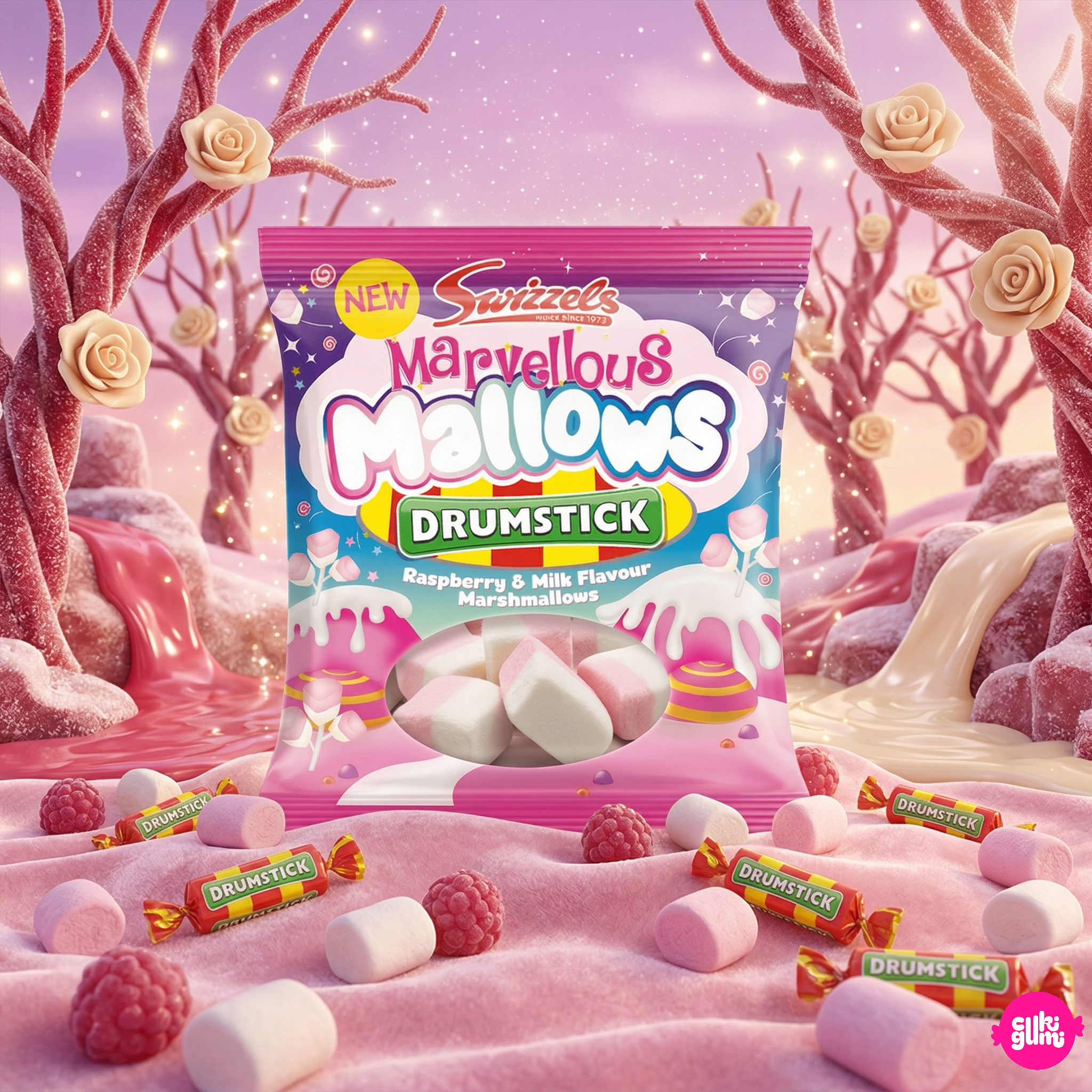 Swizzels Drumstick Marvellous Mallows 100 g - Málnás-tejes ízű habos pillecukor