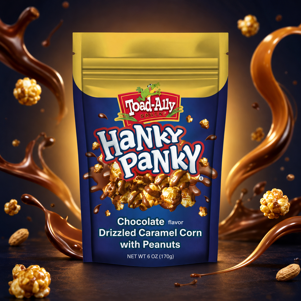 Toad-Ally Snax Hanky Panky 170 g – Csokoládéízű Bevonattal Díszített Karamellás Popcorn Földimogyoróval