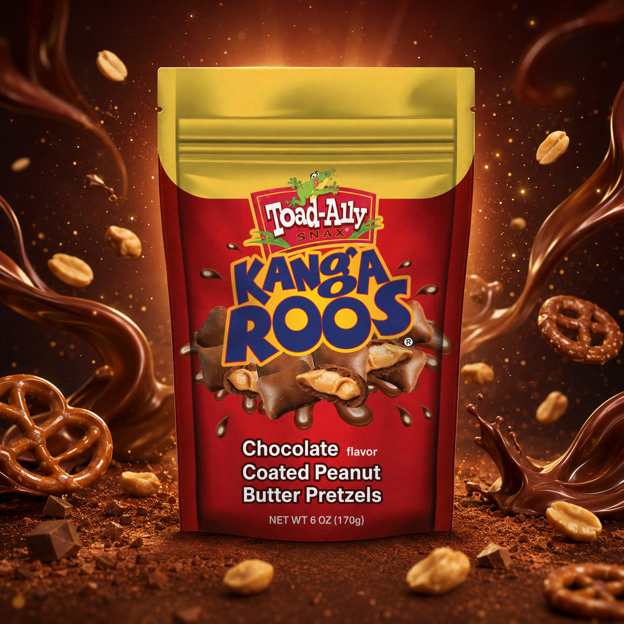 Toad-Ally Snax Kanga Roos 170 g – Csokoládéízű Bevonatos, Földimogyoróvajjal Töltött Perecfalatok