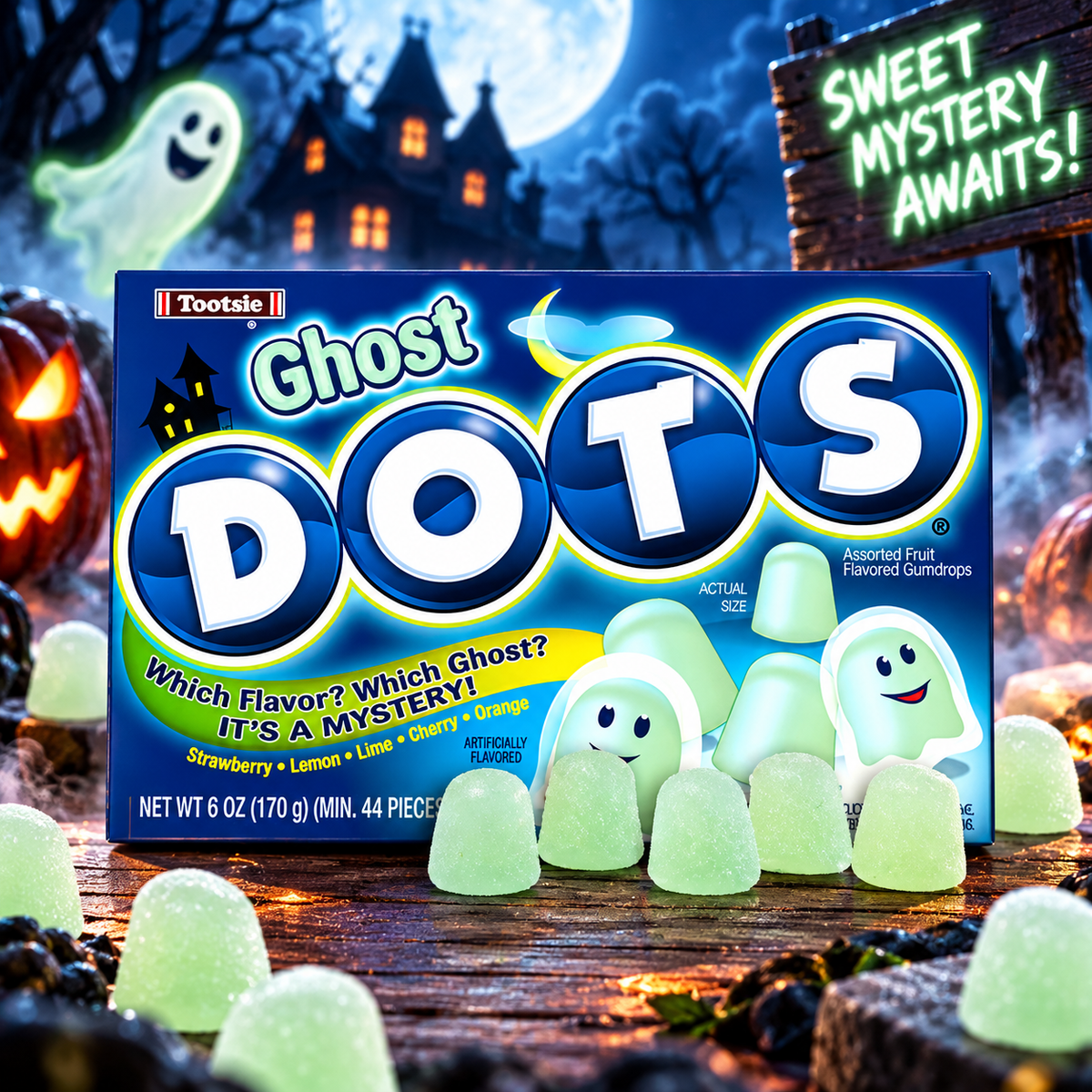 Tootsie Dots Ghost 170 g - Halloween mystery gyümölcsízű gumicukor 170 g
