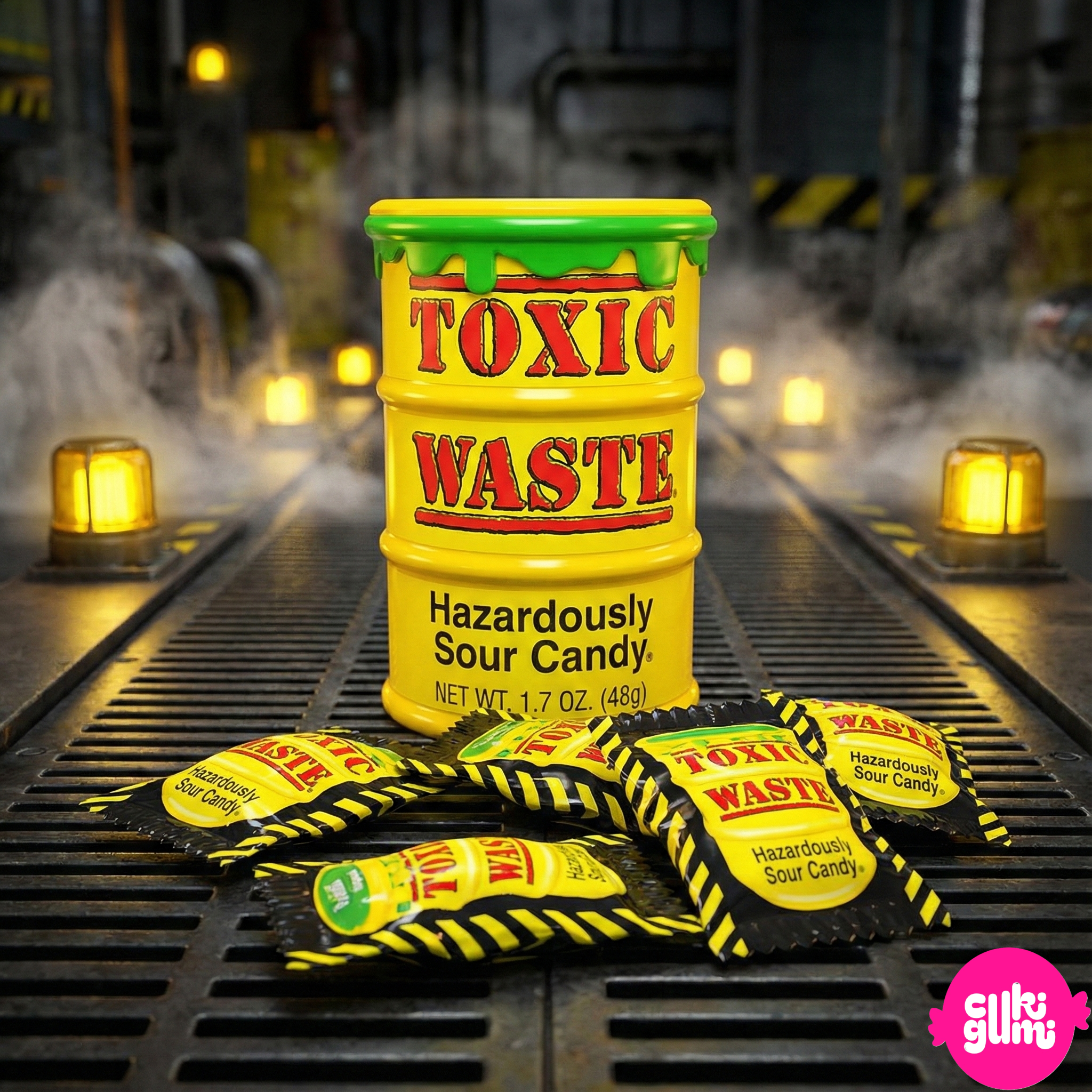 Toxic Waste Sour Candy Drum Yellow sárga savanyú cukorkák