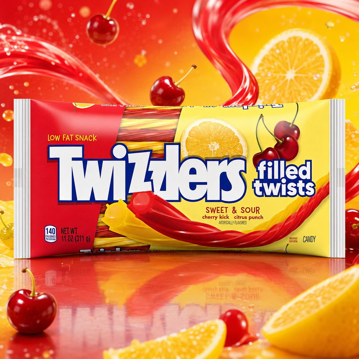 Twizzlers Filled Twists Sweet & Sour 312g – Citrom és Cseresznye Ízű Töltött Amerikai Édesgyökér Rudak
