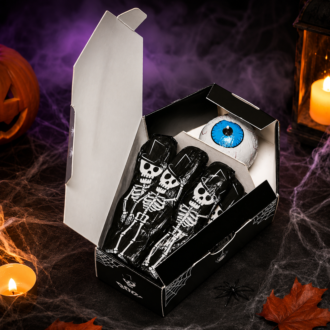 Klett Halloween koporsó tejcsokoladé figurákkal 11 db, 137,5 g – Halloween Coffin