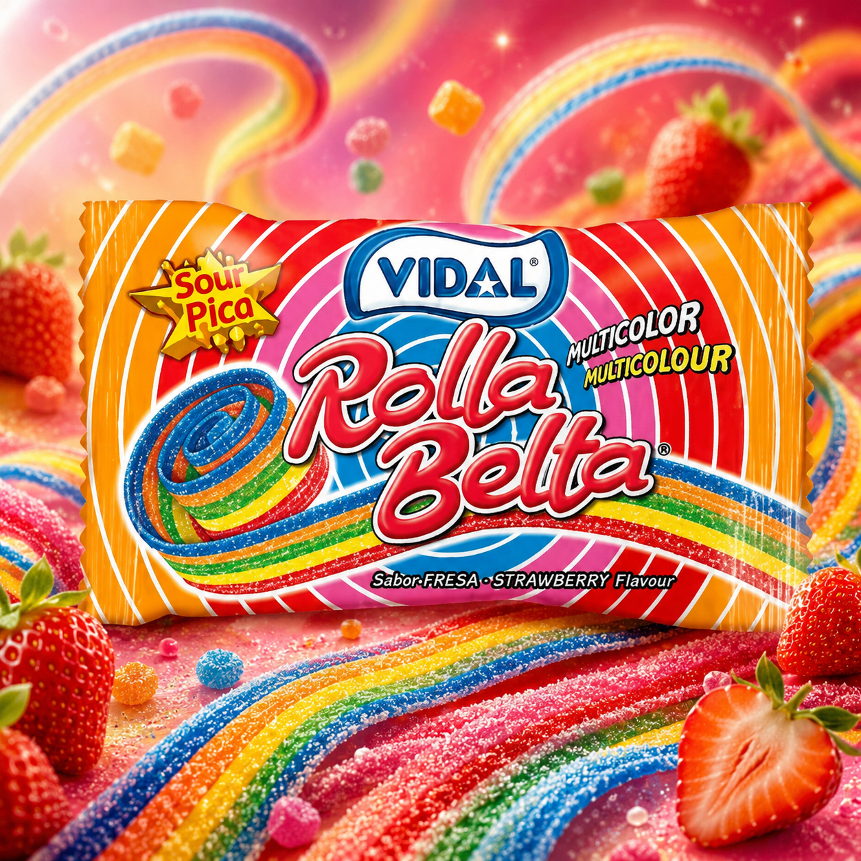 Vidal Rolla Belta Rainbow 20 g – Savanyú Eperízű Szivárványos Cukorkaszalag