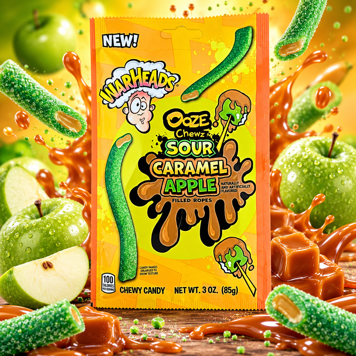 Warheads Ooze Chewz Sour Caramel Apple 85 g - Savanyú zöldalma ízű rágós cukorkaszál karamel lízű töltelekkel 85 g