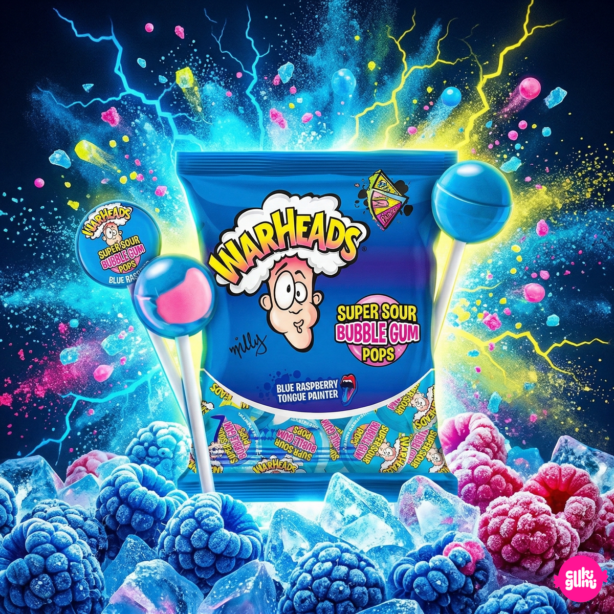 Warheads Extra Savanyú Kék Málna Ízű Rágógumis Nyalóka 105 g
