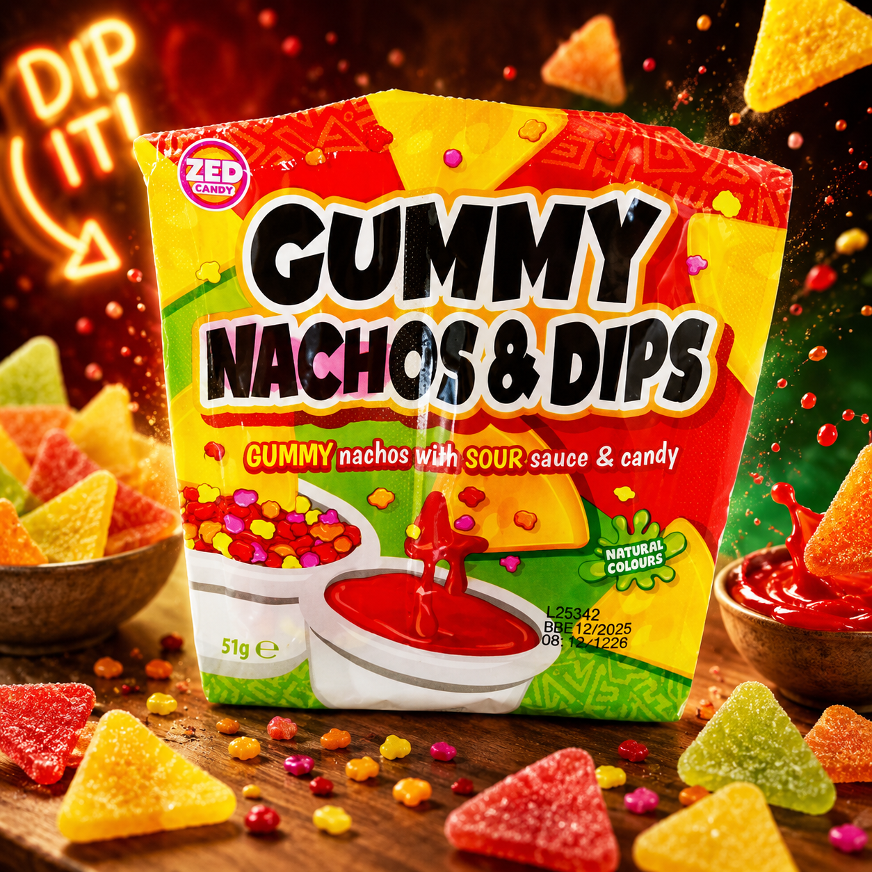 Zed Candy Gummy Nachos & Dips 51g – Gyümölcsízű Gumicukor Nachos Savanyú Szósszal